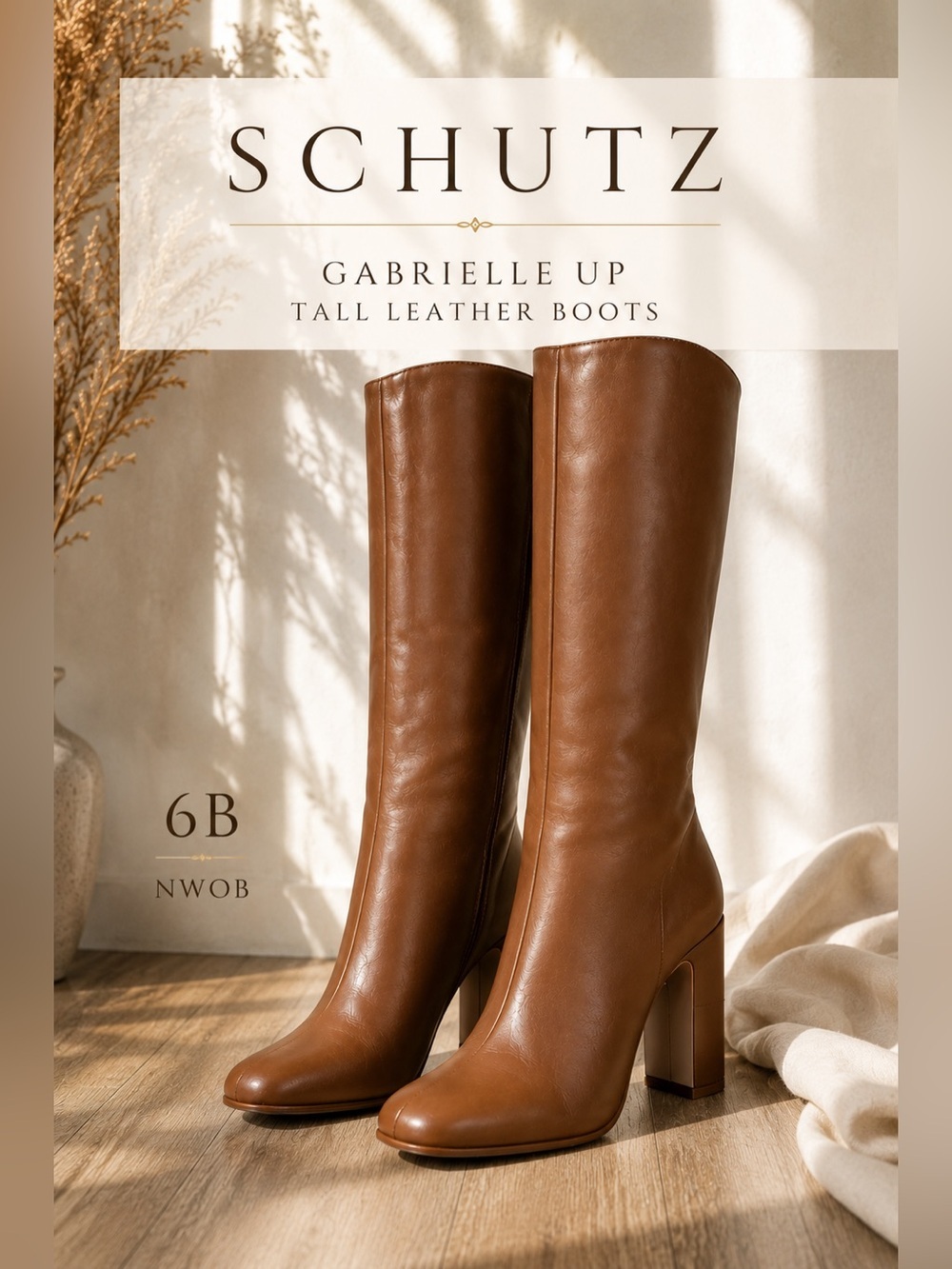 Schutz Gabrielle Up Tall Leather Boots Brown Block Heel Size 6B NWOB